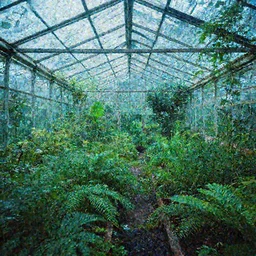 an abandonned greenhouse lush with fluorescent vegetation, vaporwave, volumetric lighting, 8k