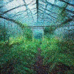 an abandonned greenhouse lush with fluorescent vegetation, vaporwave, volumetric lighting, 8k