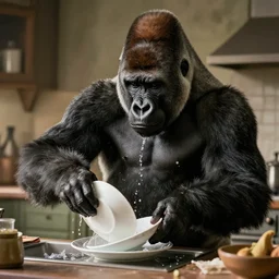 a gorilla doing the dishes in the kitchen, very detailed and sharp photorealistic, cinematic lighting