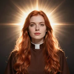 beautiful auburn priestess portrait, artgerm, photorealism, radiant halo of light