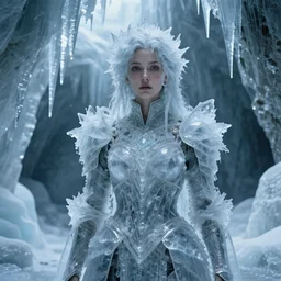 full shot of a regal brown woman wearing an intricate and detailed armor made of many layers of ice. no makeup!! freckles!! stalactite hair. haunting eyes. vulnerable. fragile. ethereal. elaborate. ice caves. glaciers. refracted light. extremely soft lighting. textures. delicate. translucent. by ray caesar. by louise dahl - wolfe. by andrea kowsch. surreal photography.