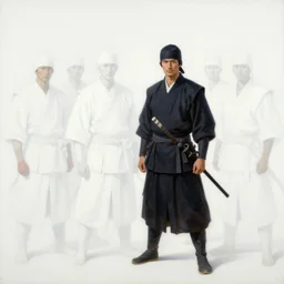 clack and white oil painting of a samurai by greg tocchini, by thomas blackshear, by jeremi lipking, by etam cru, by craig mullins, dark particles, brush strokes, white background, realistic faces, elegant, cinematic light, sharp focus, illustration, harmony, dynamic composition, masterpiece, pen,