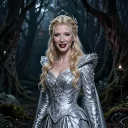 portrait of mischievous, dangerous Galadriel (Cate Blanchett) as a queen of fairies, dressed in a beautiful silver dress. The background is a dark, creepy eastern europen forrest.  night, horroristic shadows, high contrasts, lumnious, theatrical, character concept art by ruan jia, thomas kinkade, and J.Dickenson, trending on Artstation