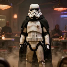 star wars 7 0 mm film still of a dirty stormtrooper wearing a black hooded cloak standing in a cantina, dust, scum and villainy, rim light, embers, hyper detailed, smooth, high contrast, concept art, gta v, volumetric lighting, ralph mcquarrie, doug chiang, ryan church