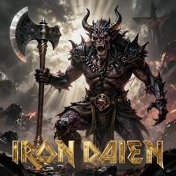 big demon with a battle - axe roaring at the screen, heavy metal album cover, demonic, creepy, iron maiden, horror, brutal