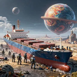 a beautiful hyper realistic 3d render of a crashed cargo ship site being searched by intergalactic walkers on a magnificent planet, otherworldly, by Ian Gurmukh Bhasin, Michael Whelan, Paul Lehr, unreal engine, octane render, brilliantly colored, ultra wide angle, trending on artstation, HDR, polished,  ray tracing, 8k