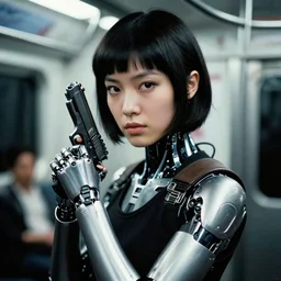 close - up portrait of cyberpunk cyborg girl with a gun for an arm, in a futuristic subway, richard avedon, tri - x pan