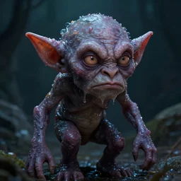 glistening slimy ugly goblin, shadowy lighting, very detailed, 4 k, portrait