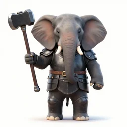 humanoid elephant in plate armor with a black warhammer that he is holding with his trunk