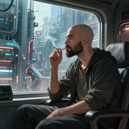 one bald and bearded young man sits in a futuristic cyberpunk apartment, smoking a cigarette, looking out the window at a technologically advanced city, anime, detailed