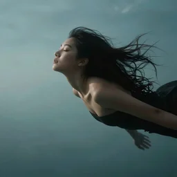 a thin, pretty young Filipino woman with long hair floats dramatically in the air in a dreamy world in the distance, her face is in shadow, eyes closed, very beautiful, inspiring, hopeful, dramatic lighting, abstract digital art, trending on artstation