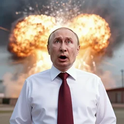 vladimir putin realistic, details, freaked out, with open mouth scared, big explosion behind, looking up to sky, nearby, by donato giancola and greg rutkowski and wayne barlow and zdzisław beksinski, digital art
