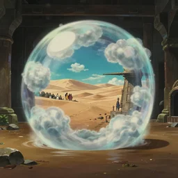 realistic interior shot from howl's moving castle ( 2 0 0 4 ) of a cubic bubble time portal swirling clouds in a flooded ancient desert atlantis, cartoon, depth of field.