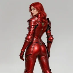 Female paladin, dnd, d&d, leggins, red skintight leather armor, red hair, looking from behind, visible face, beautiful face, high fantasy, matte painting, by wlop