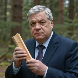 viktor orban in a forest, holding a wood piece, highly detailed face, film still of the grand budapest hotel