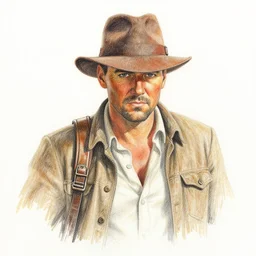 a color pencil drawing of Indiana Jones, white background
