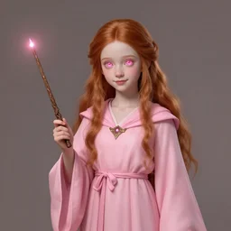 Full portrait of a cute teenager girl, classical witch, classical robes, pastel pink robes, long light red hair, wooden magic wand, glowy pink eyes, pale skin, cute smile, D&D, DND, high fantasy, extremely detailed, by Tony Sart, by Leng Jun, by artgerm, by Craig Mullins, by James Jean, by Andrey Ryabovichev, by Mark Simonetti, by Peter Morbacher, matte painting, trending on Artstation, artstationHD, artstationHQ, cgsociety, octane, IMPORTANT: NO EXTRA CHARACTERS