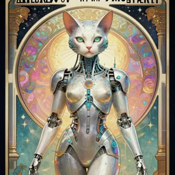 Cybernetically-enhanced cat god. Synthwave. temple. 8k resolution, extremely detailed, digital illustration. Poster by alphonse mucha.