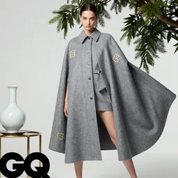A still frame of a girl wearing grey cape featured in Vogue and GQ editorial fashion photography, beautiful eye, symmetry face, Long shot, wide shot, full shot, tilted frame 35°, haute couture dressed by Givenchy and Salvatore Ferragamo, Canon EF 85mm f/1.4L IS USM, in porcelain and metal and lush branch