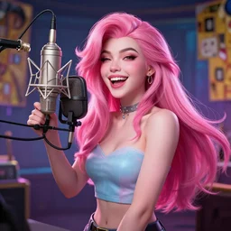 joyful and vibrant seraphine, from league of legends, pink hair, studio microphone, new musical instruments, au naturel, hyper detailed, digital art, trending in artstation, cinematic lighting, studio quality, smooth render, unreal engine 5 rendered, octane rendered, art style by klimt and nixeu and ian sprigger and wlop and krenz cushart