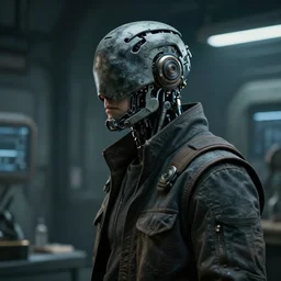 a masked rugged laboratory engineer man with cybernetic enhancements as seen from a distance, scifi character portrait by greg rutkowski, craig mullins, daytoner, 1 / 4 headshot, cinematic lighting, dystopian scifi outfit, gloomy, profile picture, mechanical, cyborg, half robot, implants, dieselpunk