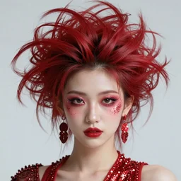 Japanese model with maximalist hair style and makeup, fashion model, unreal engine octane, red and white, portrait, glitter, depth of field, 8k, hyper detailed, intricate, trending on artstation