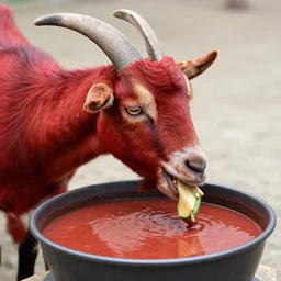 a red goat eating pozole