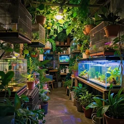 messy cozy store with cluttered hanging cages and bright aquariums, dense verdant foliage, dim painterly lighting, impasto, trending on pixiv