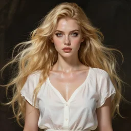 an beautiful goddess in a white blouse and short sleeves, blonde long flowing hair, glowing eyes, sweaty skin, perfectly-centered-Portrait of a most beautiful woman it the world, intricate, highly detailed, digital painting, artstation, concept art, smooth, sharp focus, illustration, Unreal Engine 5, 8K, art by artgerm and greg rutkowski and alphonse mucha