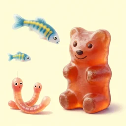 a gummi bear uses gummi worms to catch swedish fish, digital art