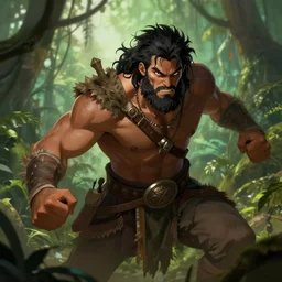 jungle warrior, male, brown skin, black messy hair, beard, badass, angry, fight, high fantasy, dnd, illustration, by rossdraws, greg rutkowski, frank fanzzeta