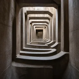 nonsensical labyrinthine architecture, photo from inside the strange and meandering corridors