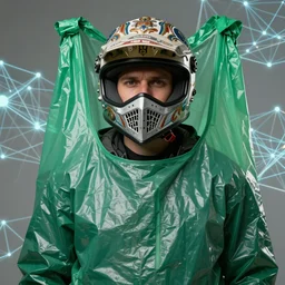 portrait of a knight in a ornate motorcycle dirt helmet, background green plastic bag, surrounded by a synthesized hologram ai - net, by zdzisław beksinski, elegant, fashion studio, ighting, 3 5 mm, edward hopp