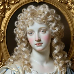 Detailed expensive gilded Painting of Lucius, delicate milky white pale porcelain skin and light pink blush, blue veins, fluffy platinum blonde curly hair with curtain bangs over his forehead, lush drill curls, beautiful androgynous prince, featured on artstation, cinematic chiaroscuro, digital art by Leyendecker and Norman Rockwell