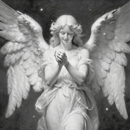 highdetailed hyperrealistic painting of white angel!!! no gender smiling noface!!!, light instead of hands, white sparkles everywhere, 4 k hd face!!!, big silver high detailed wings!!!, renaissance, by jan van eyck, holography space, glow effect, large strokes, monochrome!!!!!