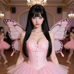 full shot portrait of elegant bombshell anime waifu woman with long black hair, blue eyes, pink romantic tutu, butterfly wings. symmetrical face, symmetrical detailed defined eyes, dance hall background, by ilya kuvshinov