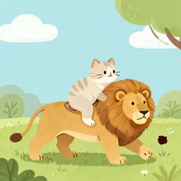 illustration of a cat riding a lion