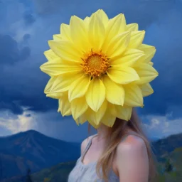 closeup girl with giant yellow dahlia flower head, standing on mountain, surreal photography, blue storm clouds, dramatic light, impressionist painting, digital painting, artstation, simon stalenhag