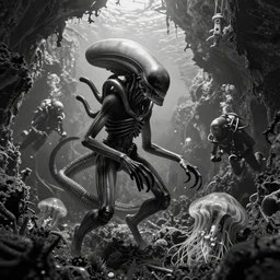 xenomorph greeting ocean divers emerging from the walls of a sunken tunnel rotting, beksinski, bruehgel, black and white, detailed background, photograph, masterpiece, alien bifurcated hydromedusa gel shell