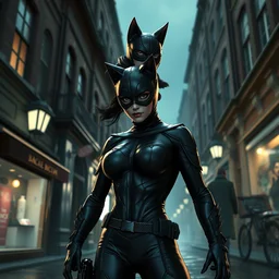 full body wide shot, a modern catwoman in 1 7 6 0's england street, in the style of artgerm and charlie bowater and atey ghailan and mike mignola, cinematic lighting, deviantart artstation, unreal 6, detailed and intricate environment