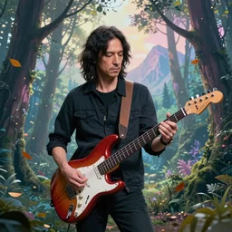 portrait of john frusciante playing his stratocaster in a magic forest, trees, mountains, flying leaves, dramatic lighting, pastel colors, high detailed, cinematic, by ruan jia