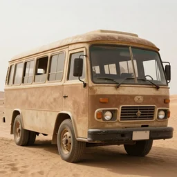 detailed photo of ancient bus in desert, photorealism, intricate detail, diffuse lighting