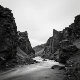 minimalist black and white photograph of an icelandic valley, time exposure, of a river, sharp tall pillars, sharp rocks