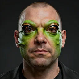 hyperrealistic mixed media image of info wars alex jones ( ( bullfrog face features ) ), stunning 3 d render inspired art by xiang duan and thomas eakes and greg rutkowski, perfect facial symmetry, hyper realistic texture, realistic, highly detailed attributes and atmosphere, dim volumetric cinematic lighting, 8 k octane detailed render, post - processing, masterpiece,