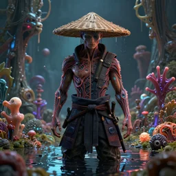 ultra realistic studio shot of a cyberpunk samurai with straw hat and cables veins on a magical biome of oddities, cinematic, wet reflections, liflike, unreal engine 5, octane, smooth, rtx, ray tracing, hyper detailed, hyper realism, fantasy, trending on artstation, behance
