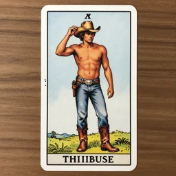 a beautiful tarot! card of a handsome shirtless cowboy wearing cowboy hat and boots with a chunky build and beer belly next to a campfire | homoerotic! | golden hour | art deco!, art nouveau | by Walter Crane, by Mark Maggiori | trending on artstation