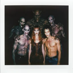 1 9 8 3 color polaroid snapshot portrait, monstrous mutant family of demonic cenobite people posing with grotesque lovecraftian god creatures, horror, madness