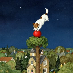 jack russel dog landing on a red ball attached to a house attached to a tree, tall structure, birds eye view, surrounded by stars, at night time, stars, illustrated by peggy fortnum and beatrix potter and wayne barlow and sir john tenniel