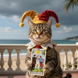 A cat with jester hat and clothes on the front of a Balustrade with a beach on the background, major arcana, by paul delaroche, hyperrealistic