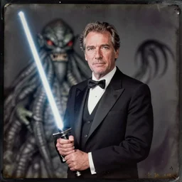 a daguerreotype of morgan freeman holding a lightsaber, cthulhu in the background